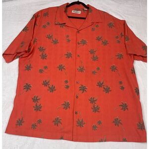Carribean Button-Up Shirt Men 2X Orange Silk Graphic Print Collared Short Sleeve